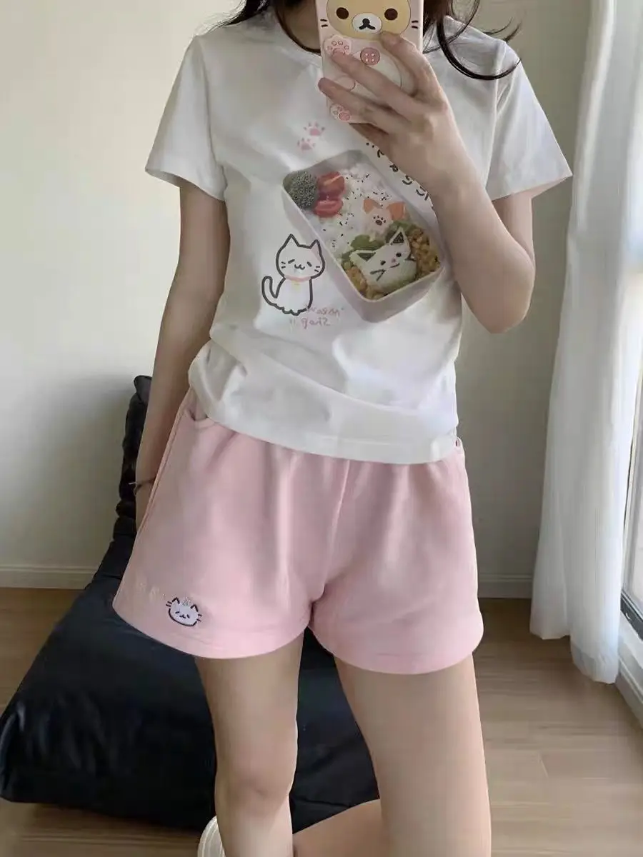 Kitten shorts female summer INS fashion Korean version Y2K loose leisure sports wide legs elastic waist