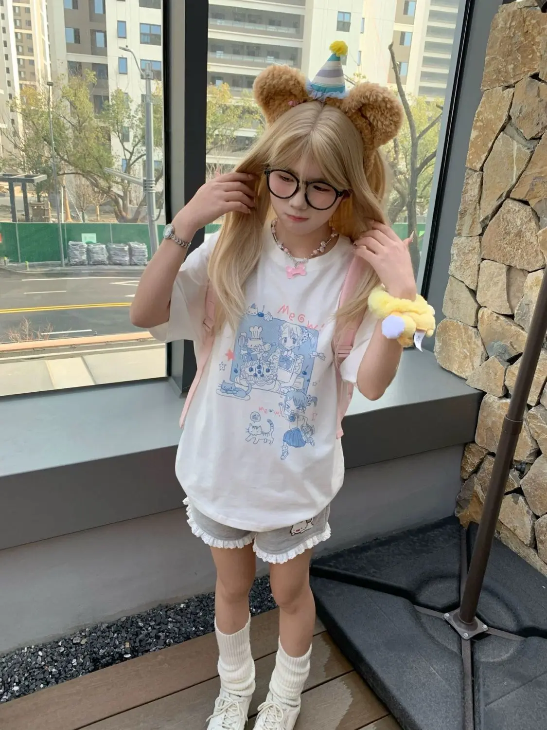 Kitten shorts female summer INS fashion Korean version Y2K loose leisure sports wide legs elastic waist