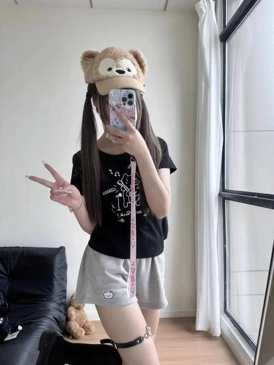 Kitten shorts female summer INS fashion Korean version Y2K loose leisure sports wide legs elastic waist