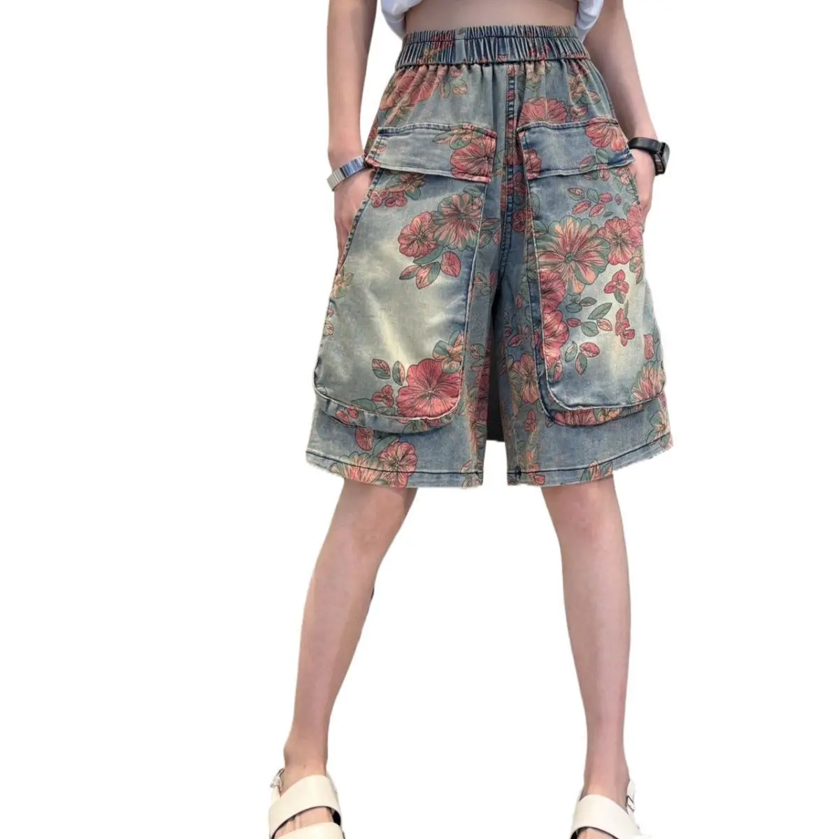 High Waist Casual Jeans Shorts Women Denim Shorts Vintage Summer Floral Print Loose Big Pocket Lady Denim Pants New Chic Clothes