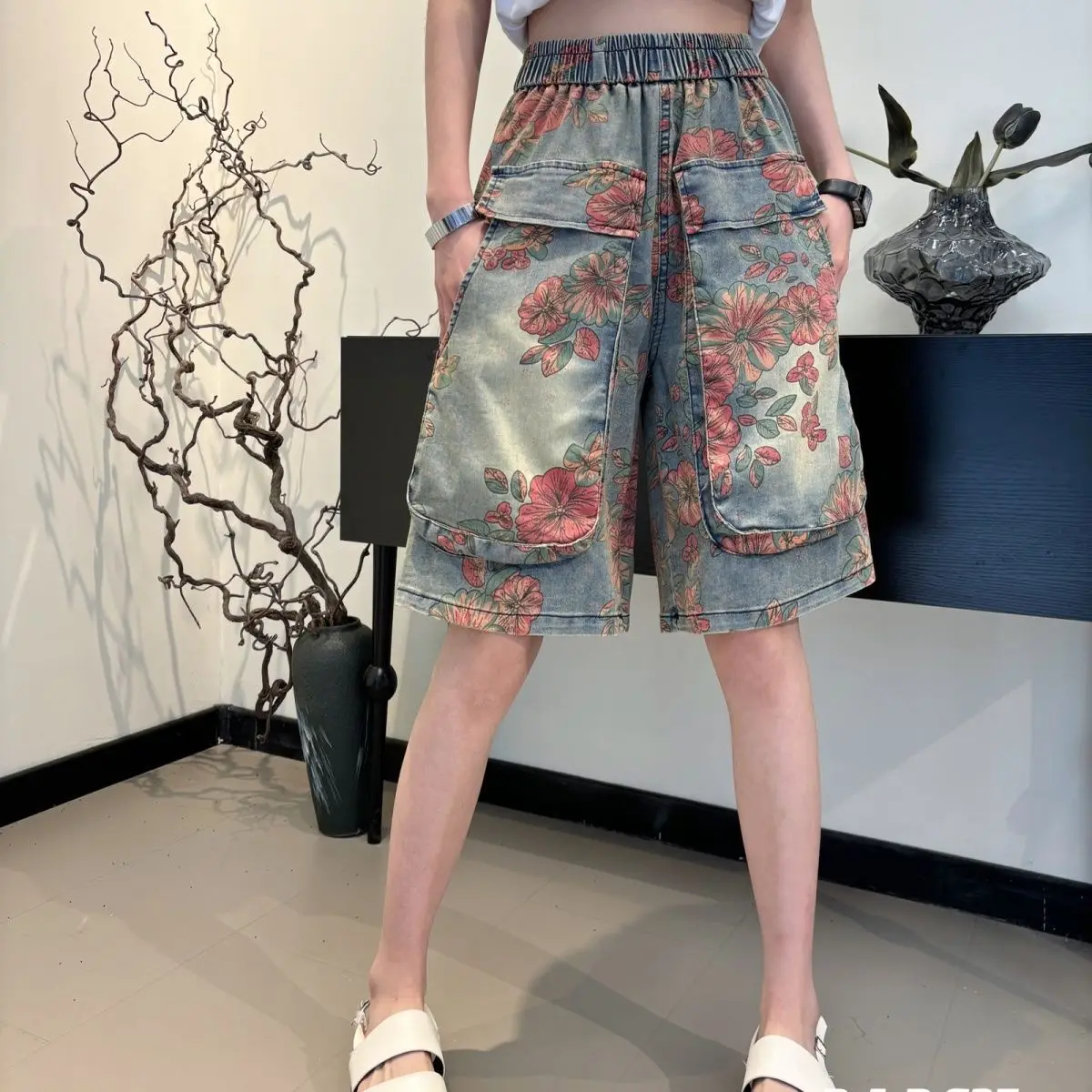 High Waist Casual Jeans Shorts Women Denim Shorts Vintage Summer Floral Print Loose Big Pocket Lady Denim Pants New Chic Clothes
