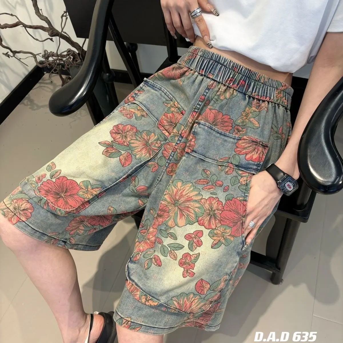 High Waist Casual Jeans Shorts Women Denim Shorts Vintage Summer Floral Print Loose Big Pocket Lady Denim Pants New Chic Clothes