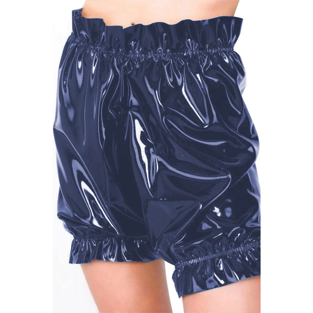 Gothic Lolita PVC Leather Bloomers, Long Leg Boxer Shorts, Ruffles Smocking, Faux Latex Pants, Waist Elastic Bloomers