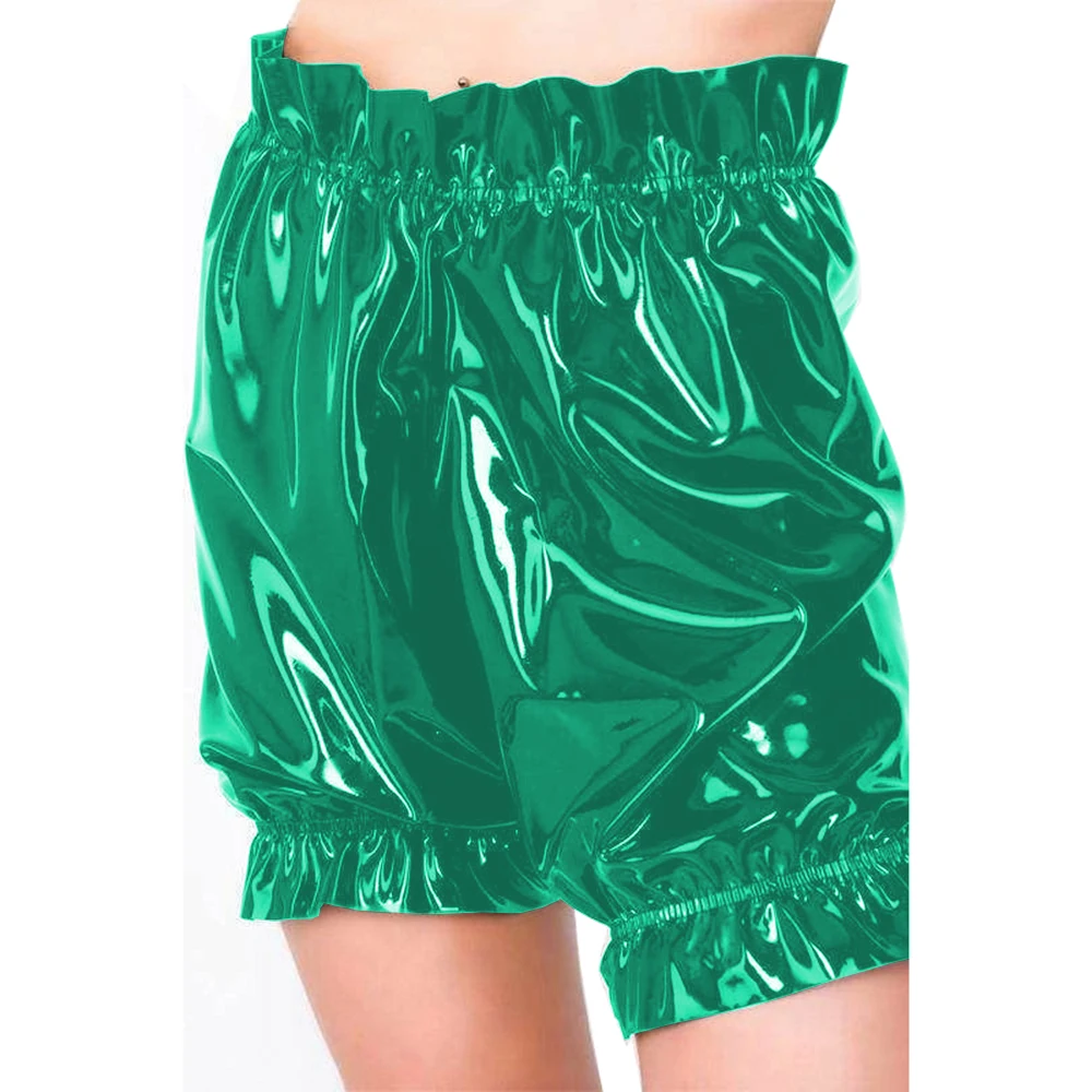 Gothic Lolita PVC Leather Bloomers, Long Leg Boxer Shorts, Ruffles Smocking, Faux Latex Pants, Waist Elastic Bloomers