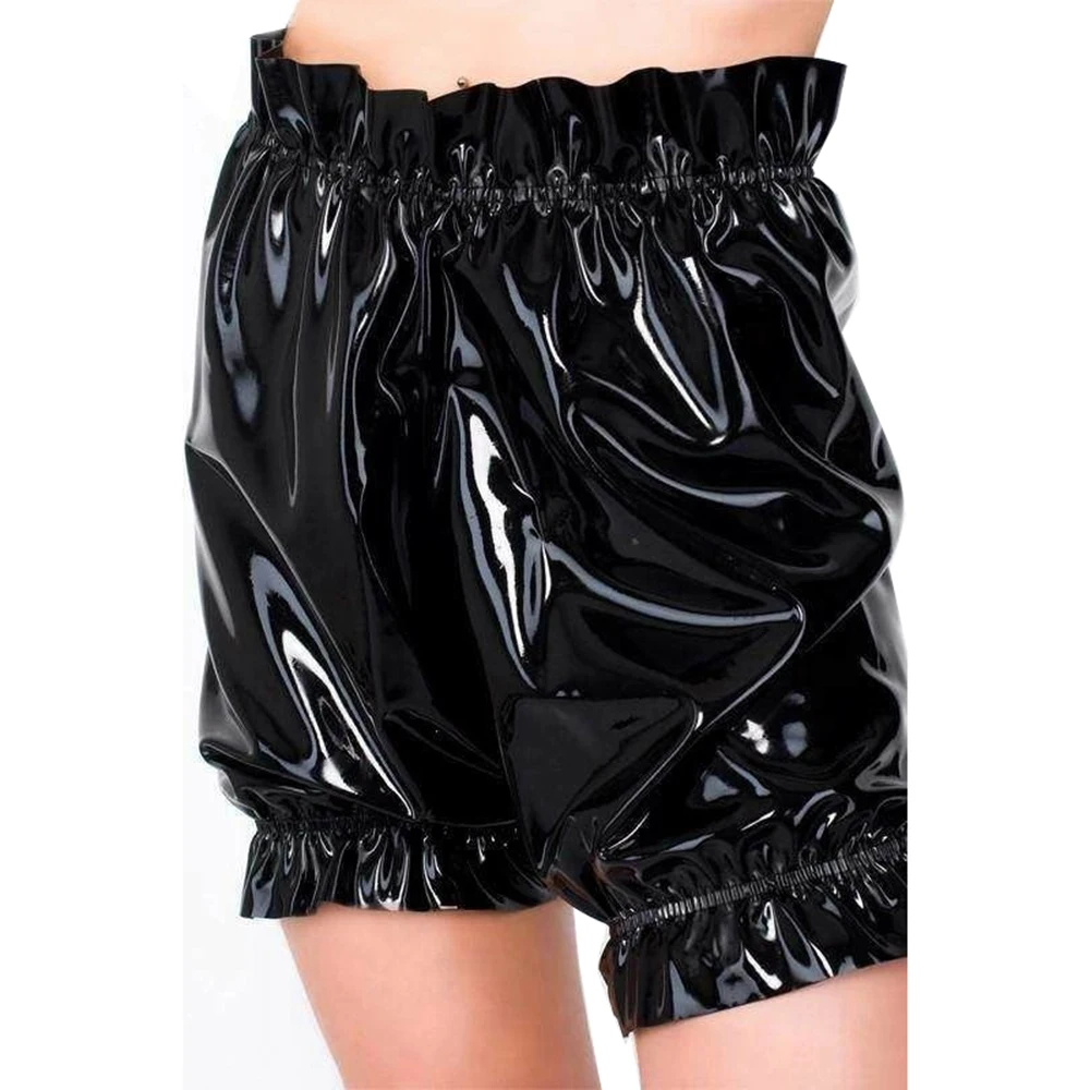 Gothic Lolita PVC Leather Bloomers, Long Leg Boxer Shorts, Ruffles Smocking, Faux Latex Pants, Waist Elastic Bloomers