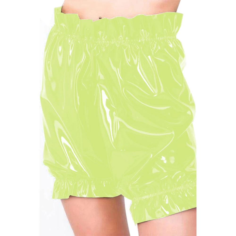 Gothic Lolita PVC Leather Bloomers, Long Leg Boxer Shorts, Ruffles Smocking, Faux Latex Pants, Waist Elastic Bloomers