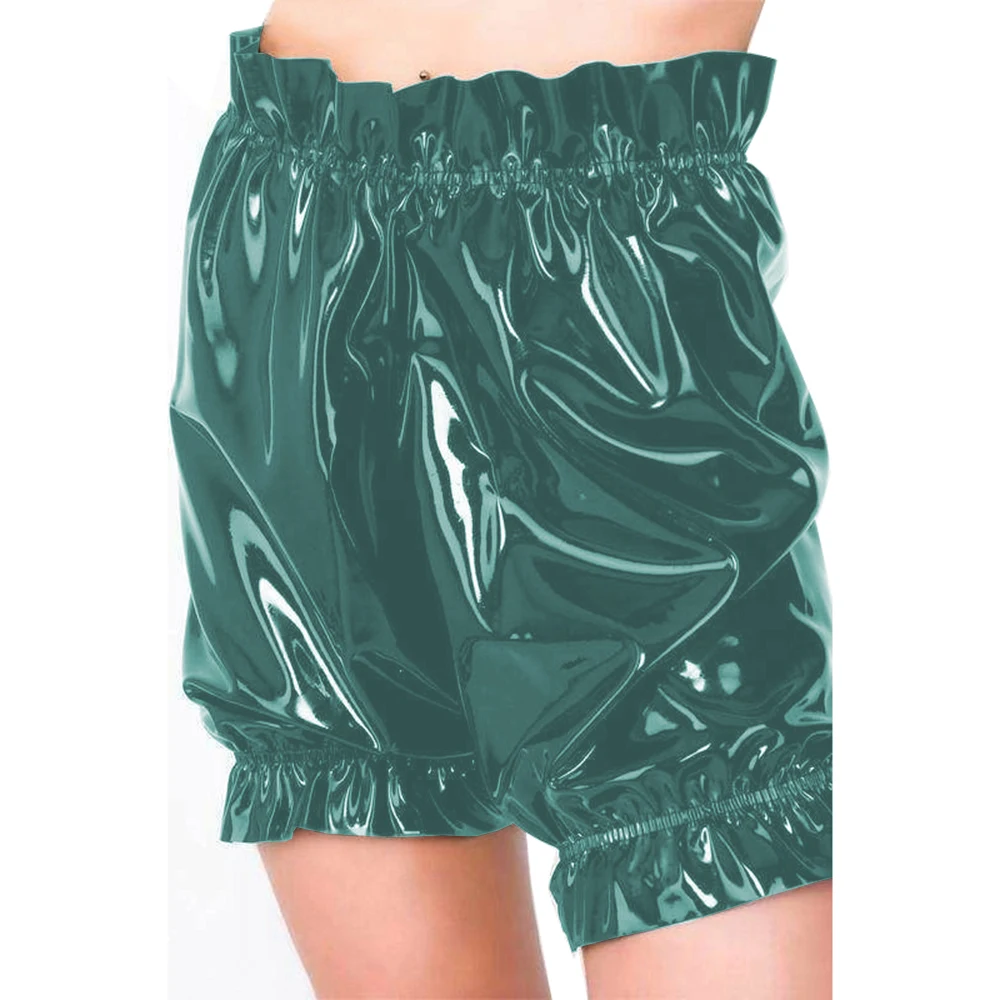 Gothic Lolita PVC Leather Bloomers, Long Leg Boxer Shorts, Ruffles Smocking, Faux Latex Pants, Waist Elastic Bloomers