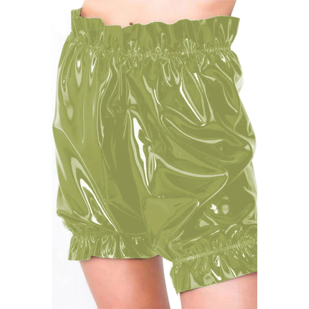 Gothic Lolita PVC Leather Bloomers, Long Leg Boxer Shorts, Ruffles Smocking, Faux Latex Pants, Waist Elastic Bloomers
