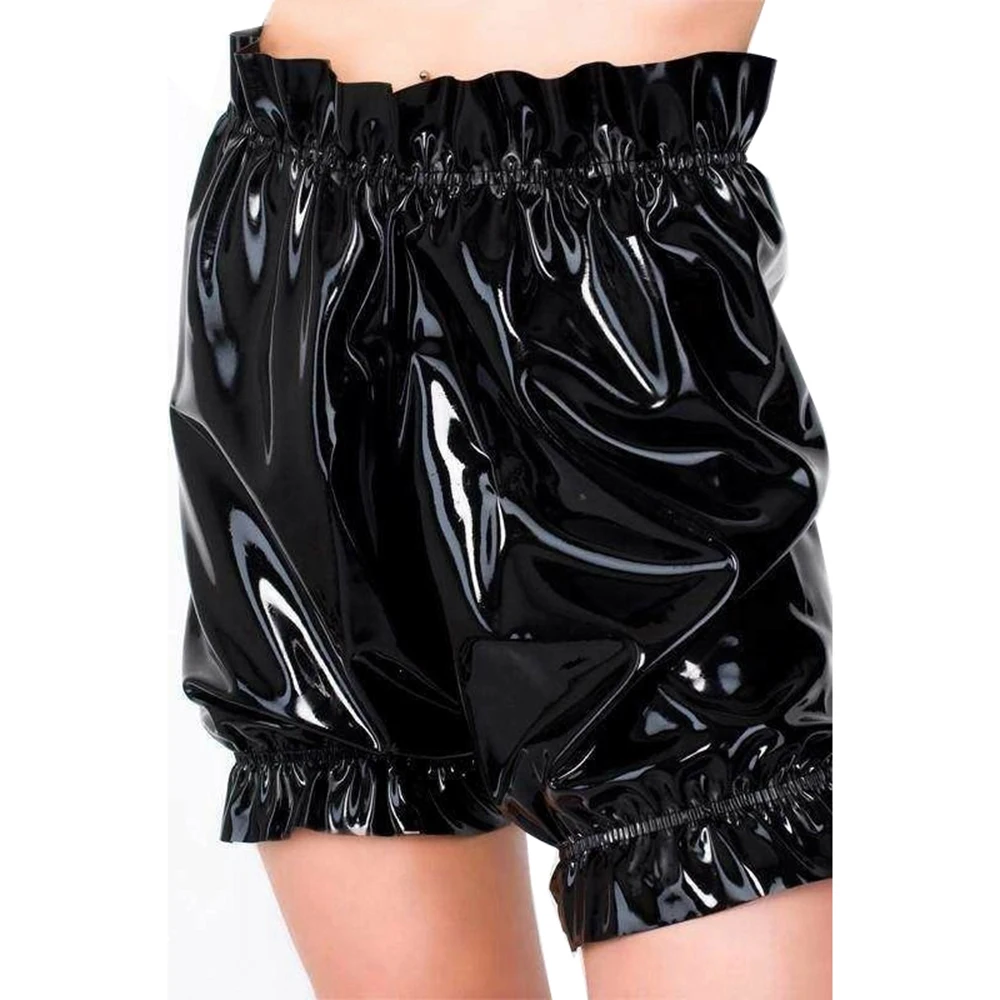 Gothic Lolita PVC Leather Bloomers, Long Leg Boxer Shorts, Ruffles Smocking, Faux Latex Pants, Waist Elastic Bloomers