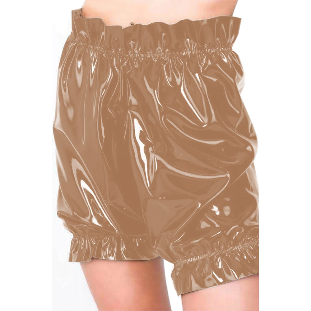 Gothic Lolita PVC Leather Bloomers, Long Leg Boxer Shorts, Ruffles Smocking, Faux Latex Pants, Waist Elastic Bloomers