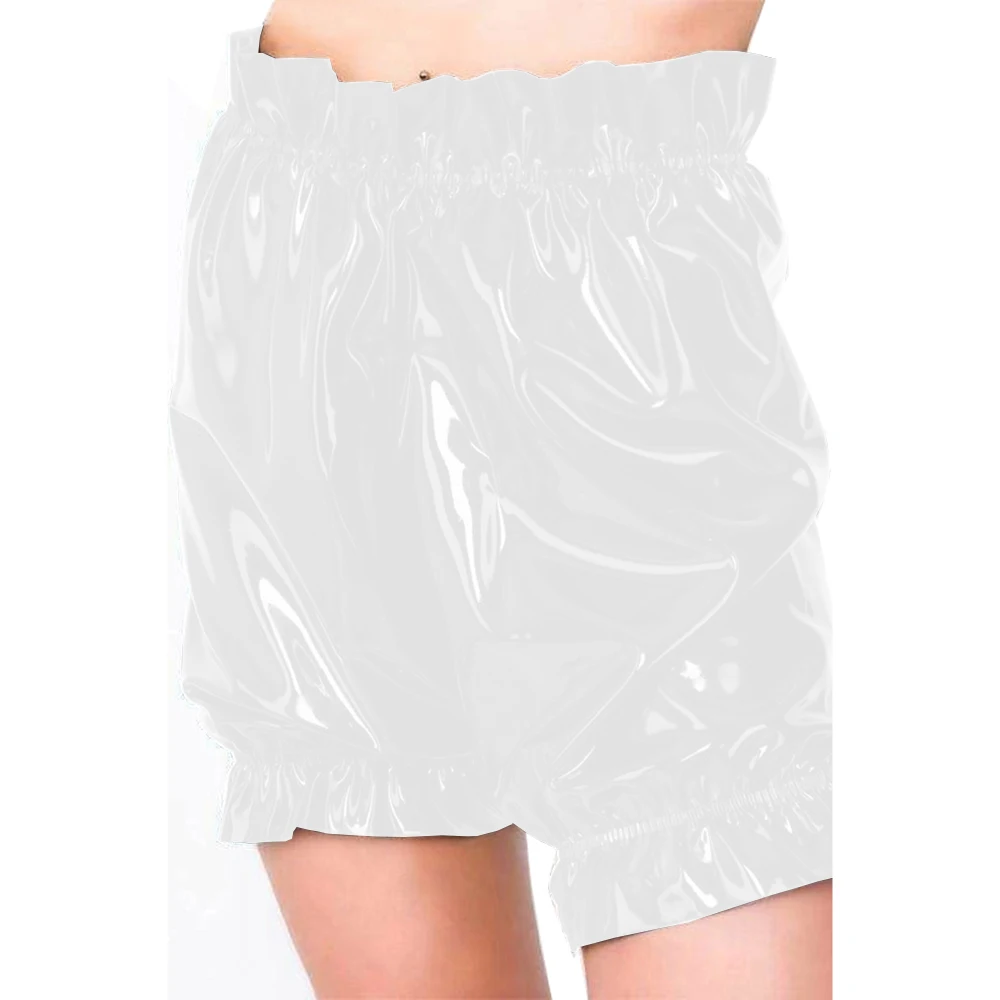 Gothic Lolita PVC Leather Bloomers, Long Leg Boxer Shorts, Ruffles Smocking, Faux Latex Pants, Waist Elastic Bloomers