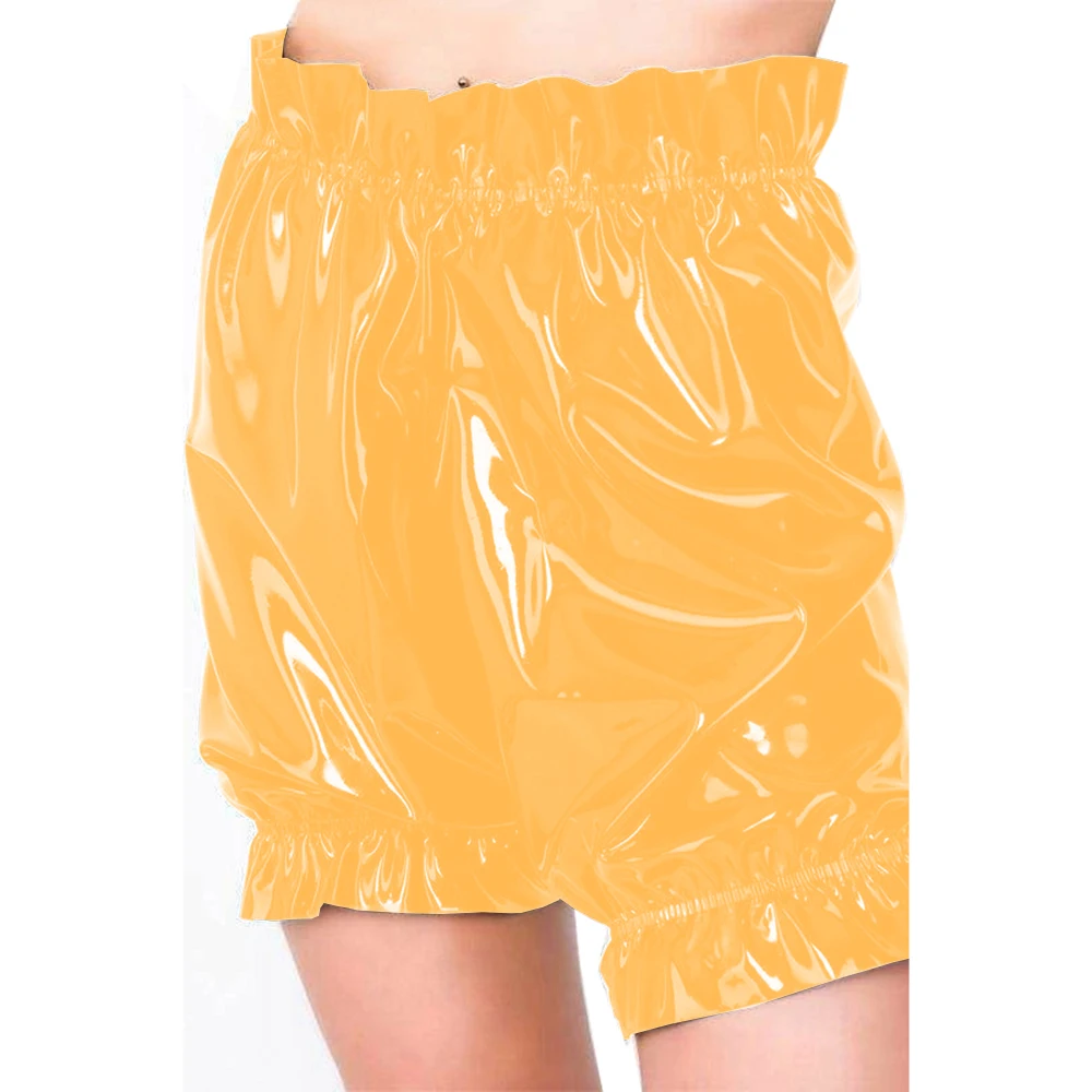 Gothic Lolita PVC Leather Bloomers, Long Leg Boxer Shorts, Ruffles Smocking, Faux Latex Pants, Waist Elastic Bloomers