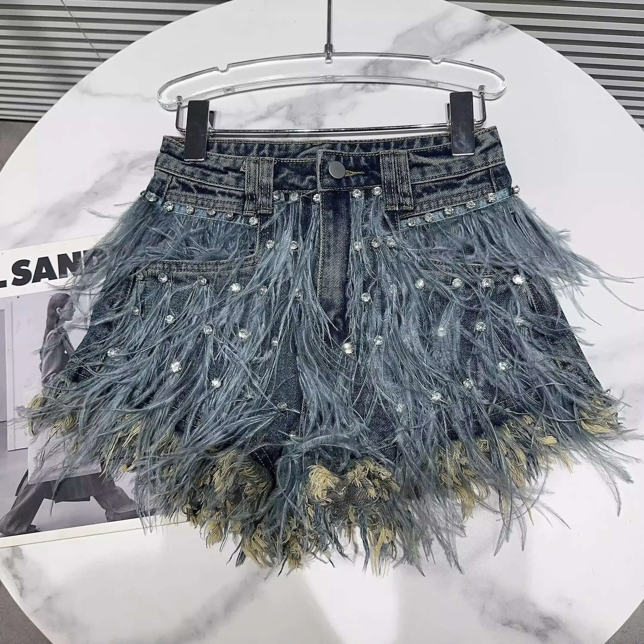 DEAT Streetwear Fashion Diamond Beads Feather Tassels Denim Shorts For Women High Waist Short Pants 2024 Female Autumn 11XX5620