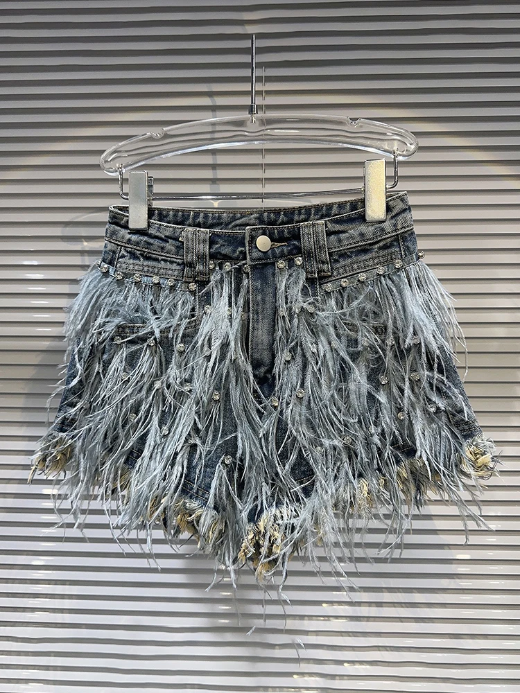 DEAT Streetwear Fashion Diamond Beads Feather Tassels Denim Shorts For Women High Waist Short Pants 2024 Female Autumn 11XX5620