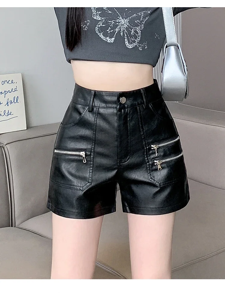 2026 PU Leather Shorts Women New Fashion Punk Style High-waisted Solid Female High Street Y2k Shorts Woman