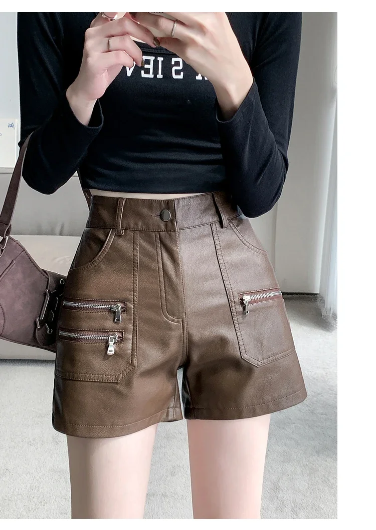 2026 PU Leather Shorts Women New Fashion Punk Style High-waisted Solid Female High Street Y2k Shorts Woman