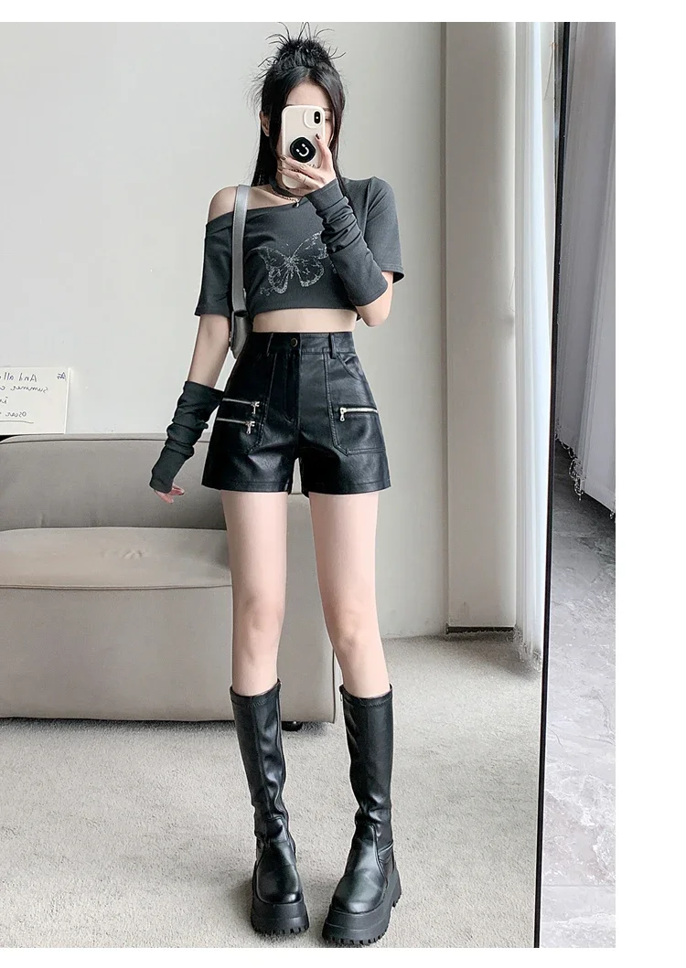 2026 PU Leather Shorts Women New Fashion Punk Style High-waisted Solid Female High Street Y2k Shorts Woman