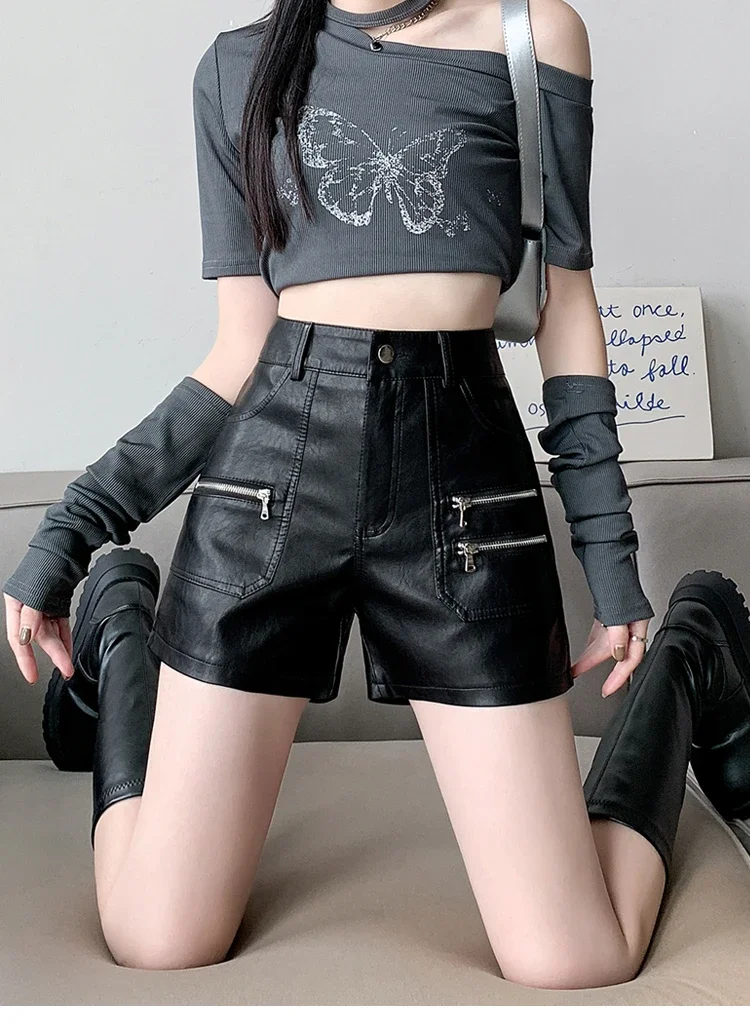 2026 PU Leather Shorts Women New Fashion Punk Style High-waisted Solid Female High Street Y2k Shorts Woman