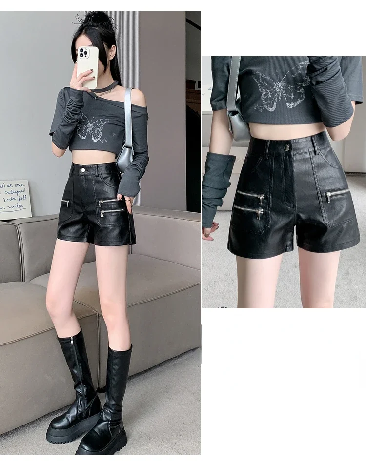 2026 PU Leather Shorts Women New Fashion Punk Style High-waisted Solid Female High Street Y2k Shorts Woman