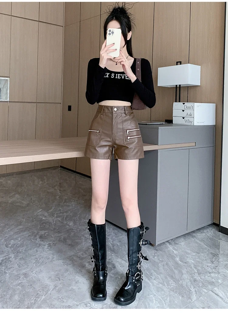 2026 PU Leather Shorts Women New Fashion Punk Style High-waisted Solid Female High Street Y2k Shorts Woman