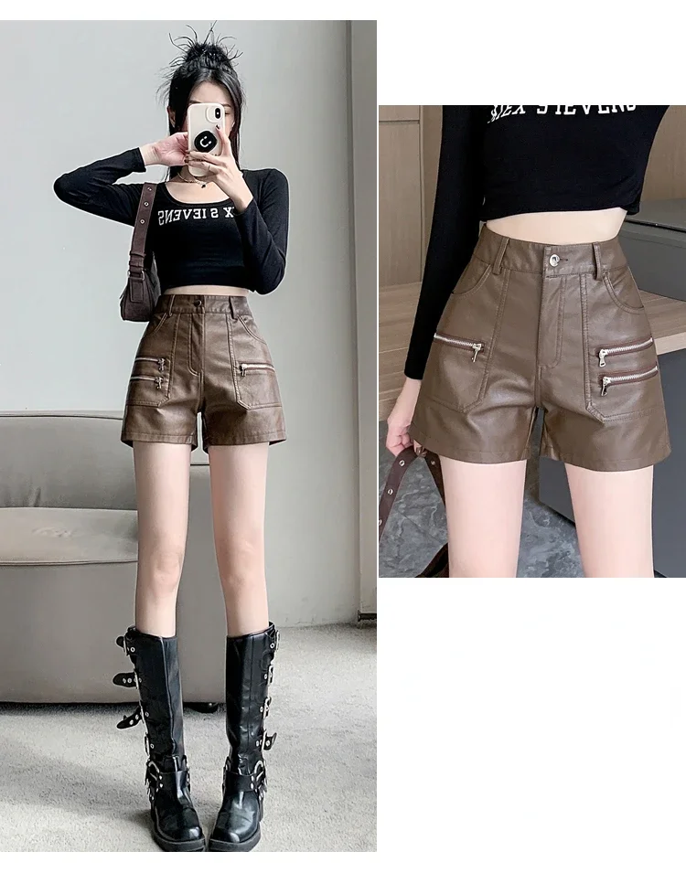 2026 PU Leather Shorts Women New Fashion Punk Style High-waisted Solid Female High Street Y2k Shorts Woman
