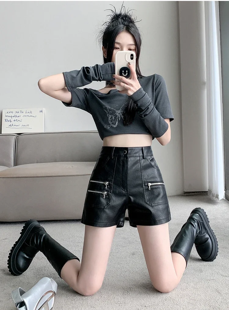 2026 PU Leather Shorts Women New Fashion Punk Style High-waisted Solid Female High Street Y2k Shorts Woman