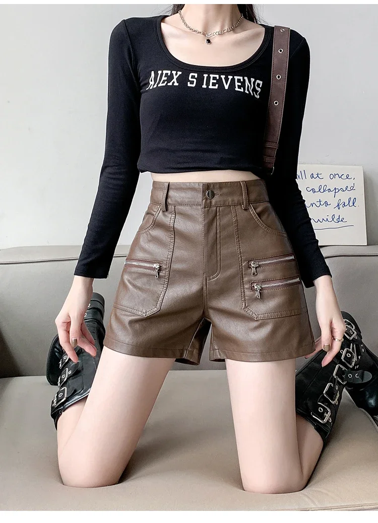 2026 PU Leather Shorts Women New Fashion Punk Style High-waisted Solid Female High Street Y2k Shorts Woman