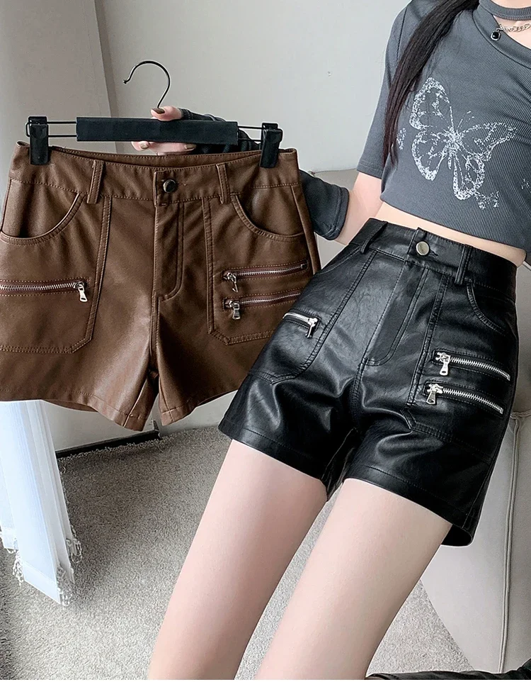 2026 PU Leather Shorts Women New Fashion Punk Style High-waisted Solid Female High Street Y2k Shorts Woman