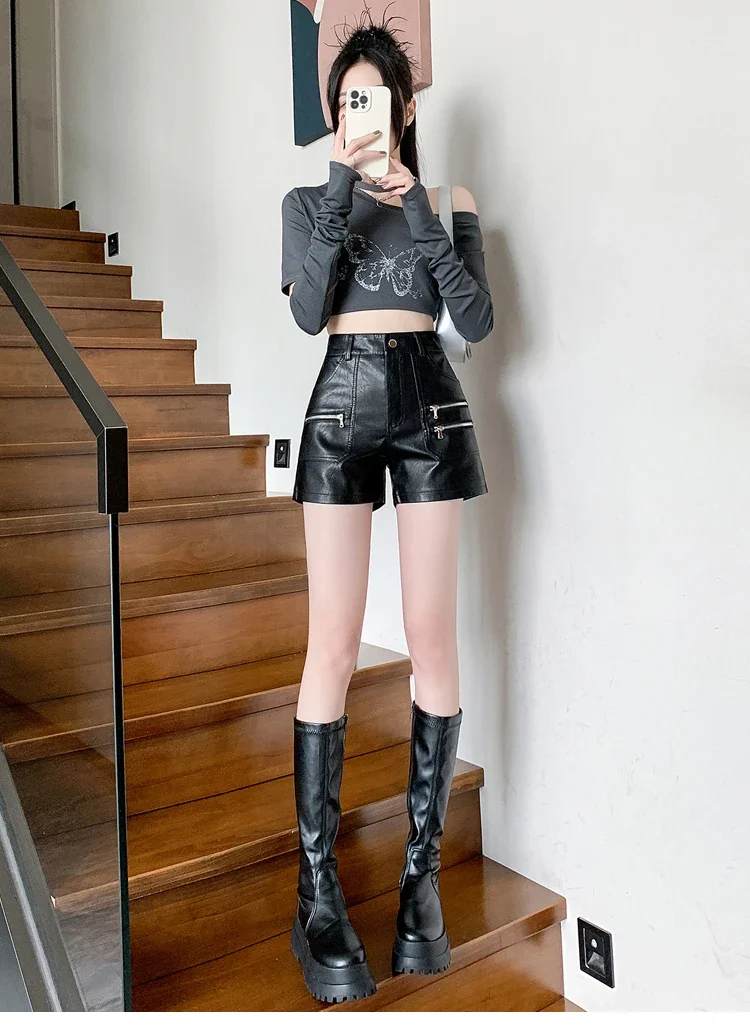 2026 PU Leather Shorts Women New Fashion Punk Style High-waisted Solid Female High Street Y2k Shorts Woman