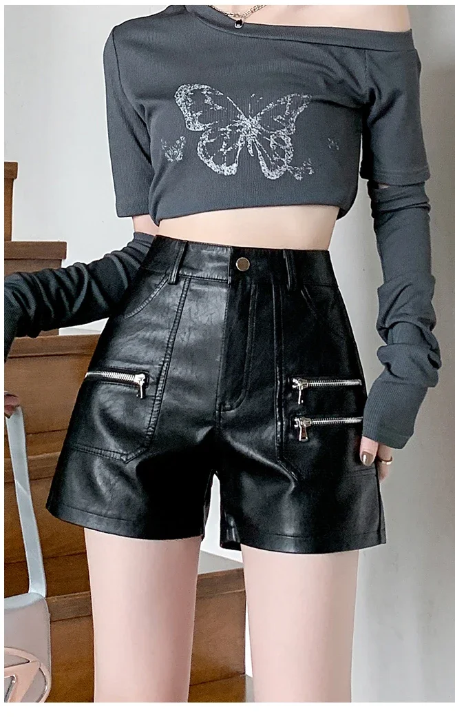 2026 PU Leather Shorts Women New Fashion Punk Style High-waisted Solid Female High Street Y2k Shorts Woman