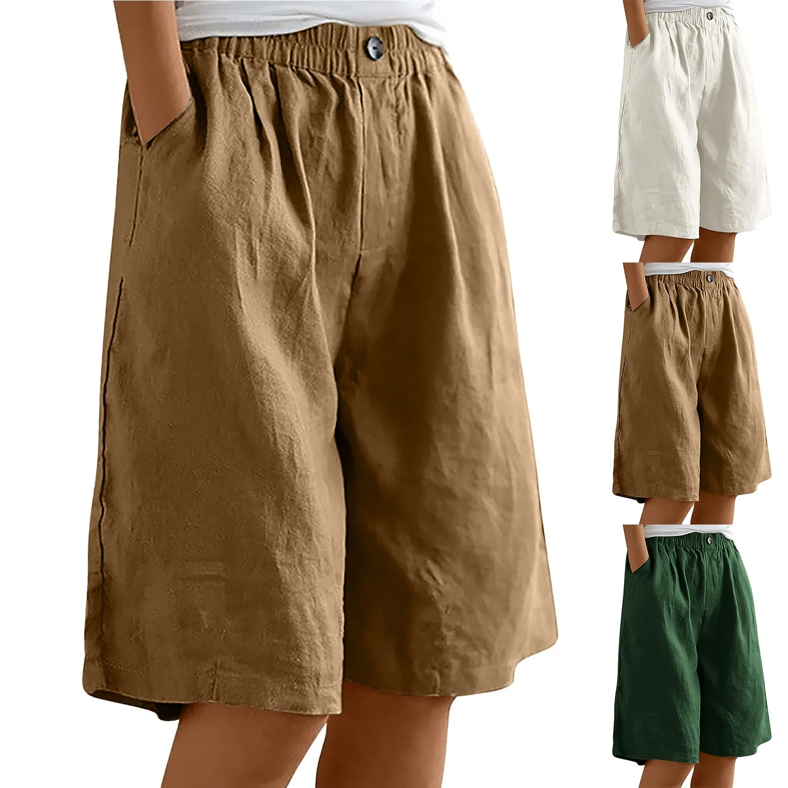 Knee Length Women’S Shorts Summer White Cotton Linen Straight Wide Leg Shorts Thin Breathable Linen Casual Solid Palazzo Pants