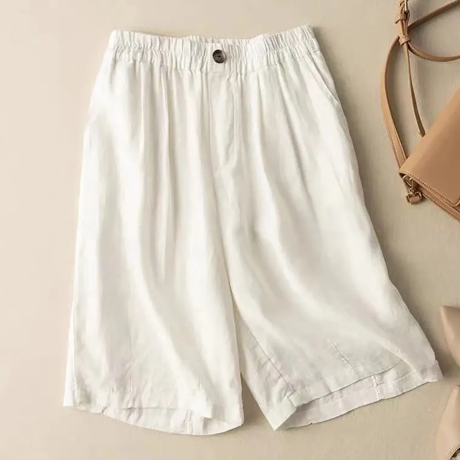 Knee Length Women’S Shorts Summer White Cotton Linen Straight Wide Leg Shorts Thin Breathable Linen Casual Solid Palazzo Pants