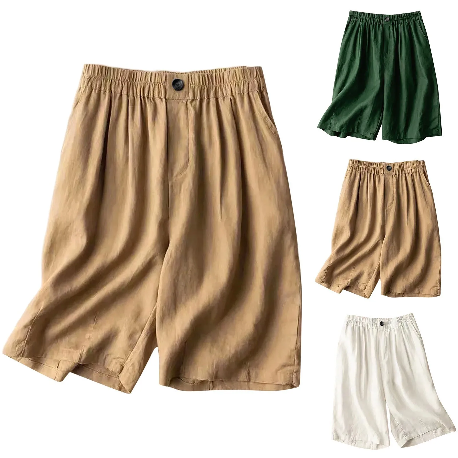 Knee Length Women’S Shorts Summer White Cotton Linen Straight Wide Leg Shorts Thin Breathable Linen Casual Solid Palazzo Pants