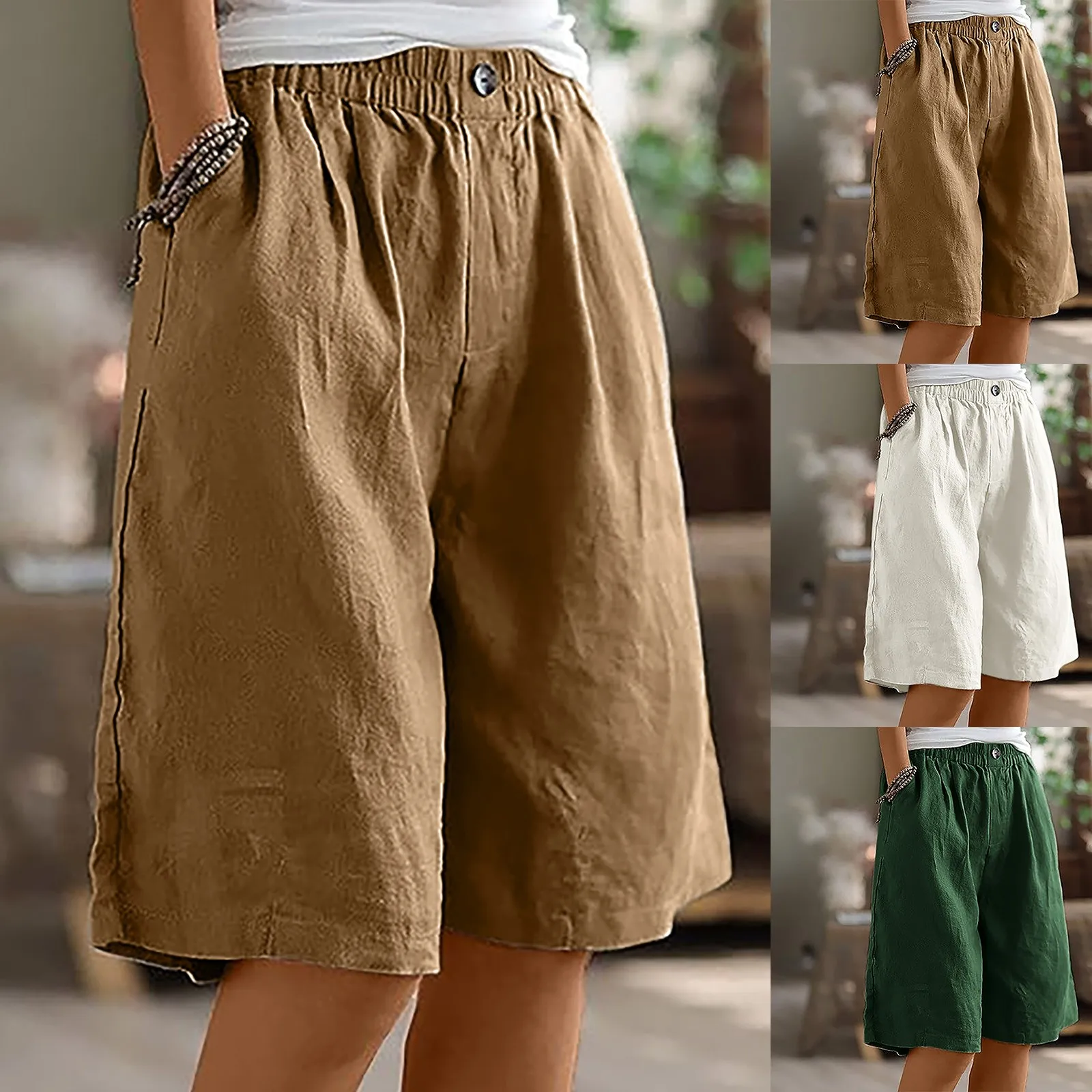 Knee Length Women’S Shorts Summer White Cotton Linen Straight Wide Leg Shorts Thin Breathable Linen Casual Solid Palazzo Pants