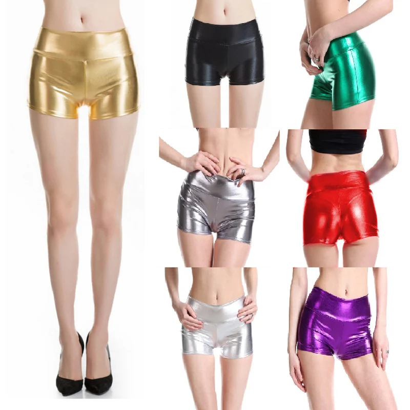Women's Faux PU Leather Shorts Shiny Slim Elastic Sexy Short Pants for Nightclub Cheer Dance Club Wear Hot Fashionable Shorts