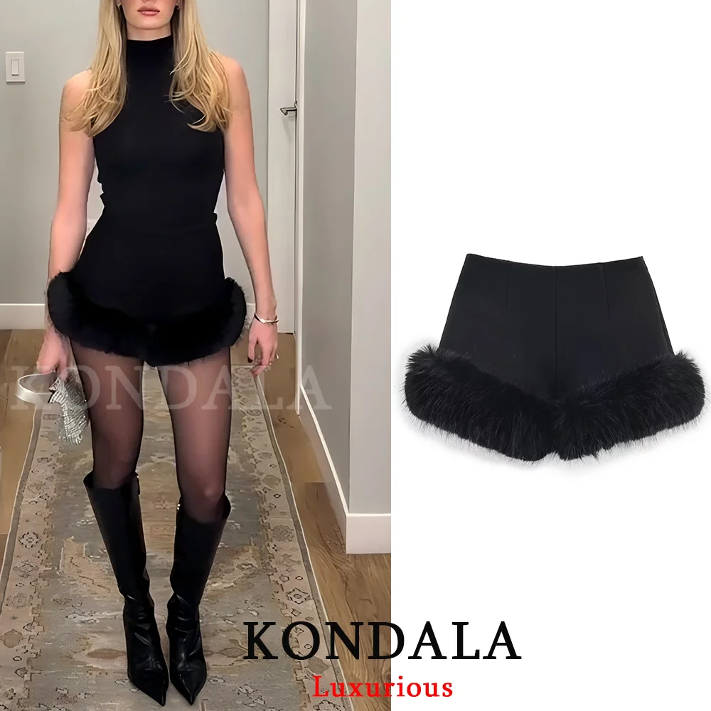 KONDALA Sexy Chic Black Fur Patchwork Shorts Women Fashion 2026 Party Evening Club Wide Leg Shorts Elegant Y2K Girl New Year