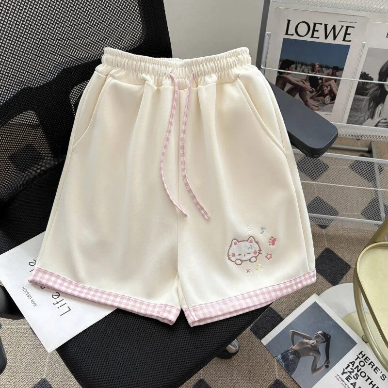 Cute Cartoon Shorts Women Sweet High Waist Embroidery Kawaii Shorts Summer Loose Vintage Japan Preppy Style Female Sport Shorts