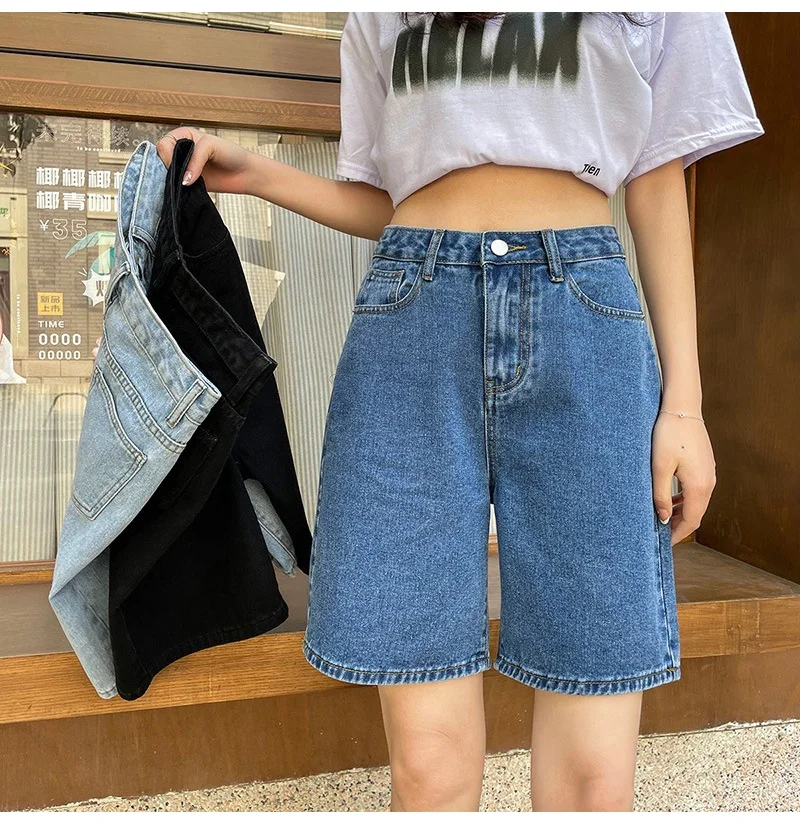 Streamgirl High Waisted Jeans Shorts Women 2025 Vintage Shorts Denim Loose Female Short Straight Jeans Shorts For Women Summer