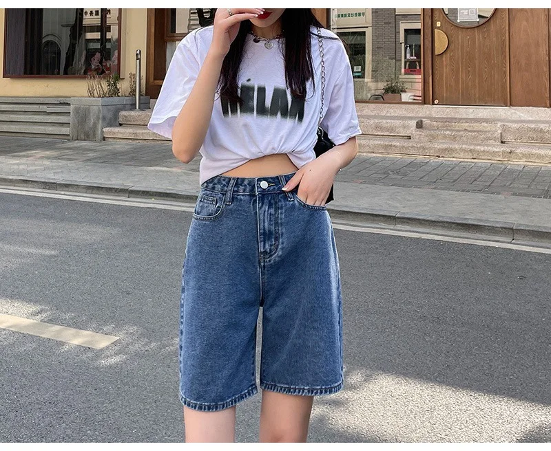 Streamgirl High Waisted Jeans Shorts Women 2025 Vintage Shorts Denim Loose Female Short Straight Jeans Shorts For Women Summer