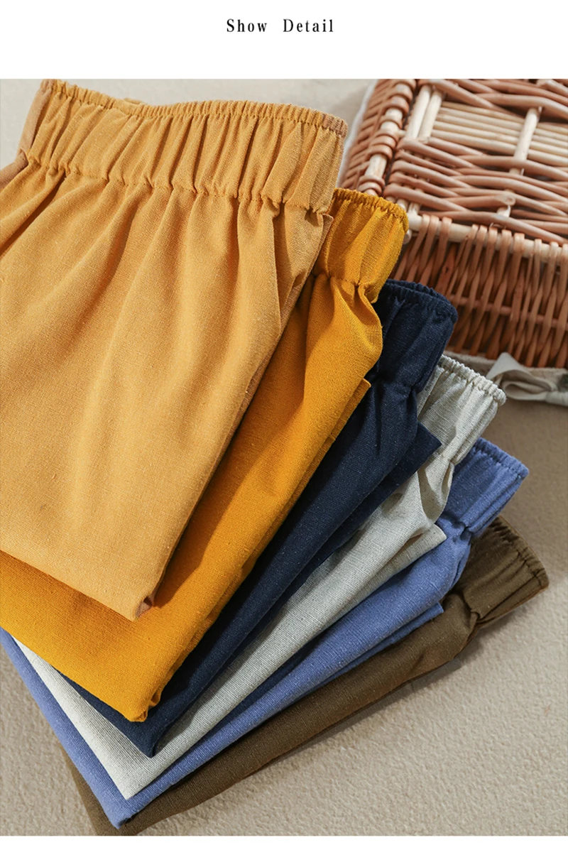 Women's High Waist Cotton Linen Shorts 2025 Casual Summer Solid Elastic Harajuku Blue Streetwear Calças Femininas