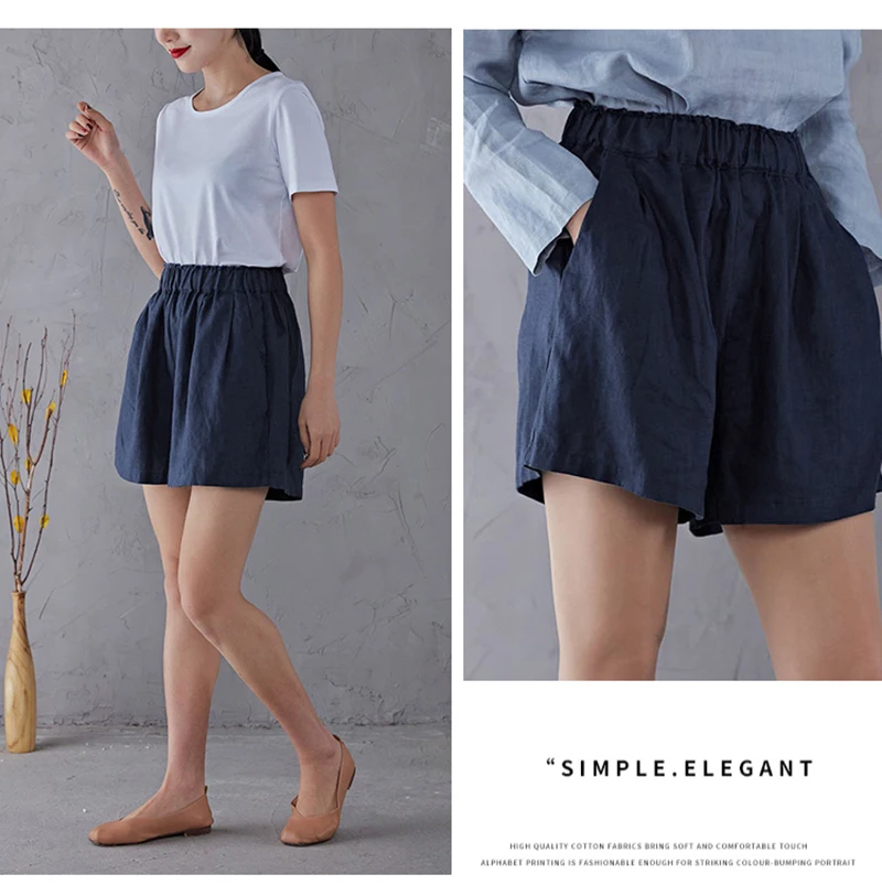 Women's High Waist Cotton Linen Shorts 2025 Casual Summer Solid Elastic Harajuku Blue Streetwear Calças Femininas