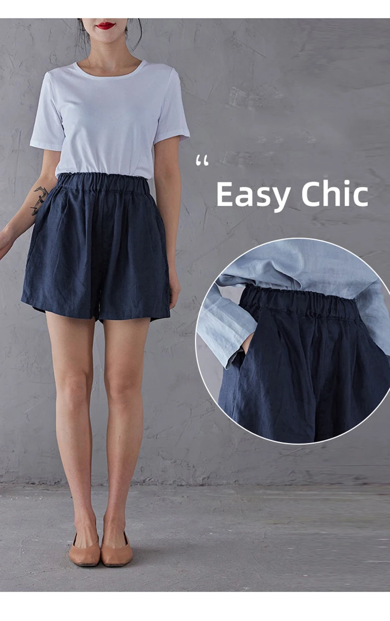 Women's High Waist Cotton Linen Shorts 2025 Casual Summer Solid Elastic Harajuku Blue Streetwear Calças Femininas