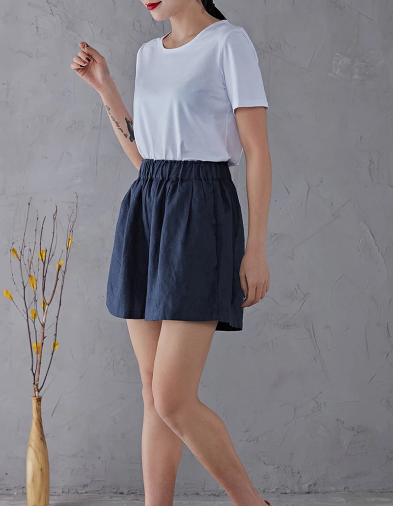 Women's High Waist Cotton Linen Shorts 2025 Casual Summer Solid Elastic Harajuku Blue Streetwear Calças Femininas
