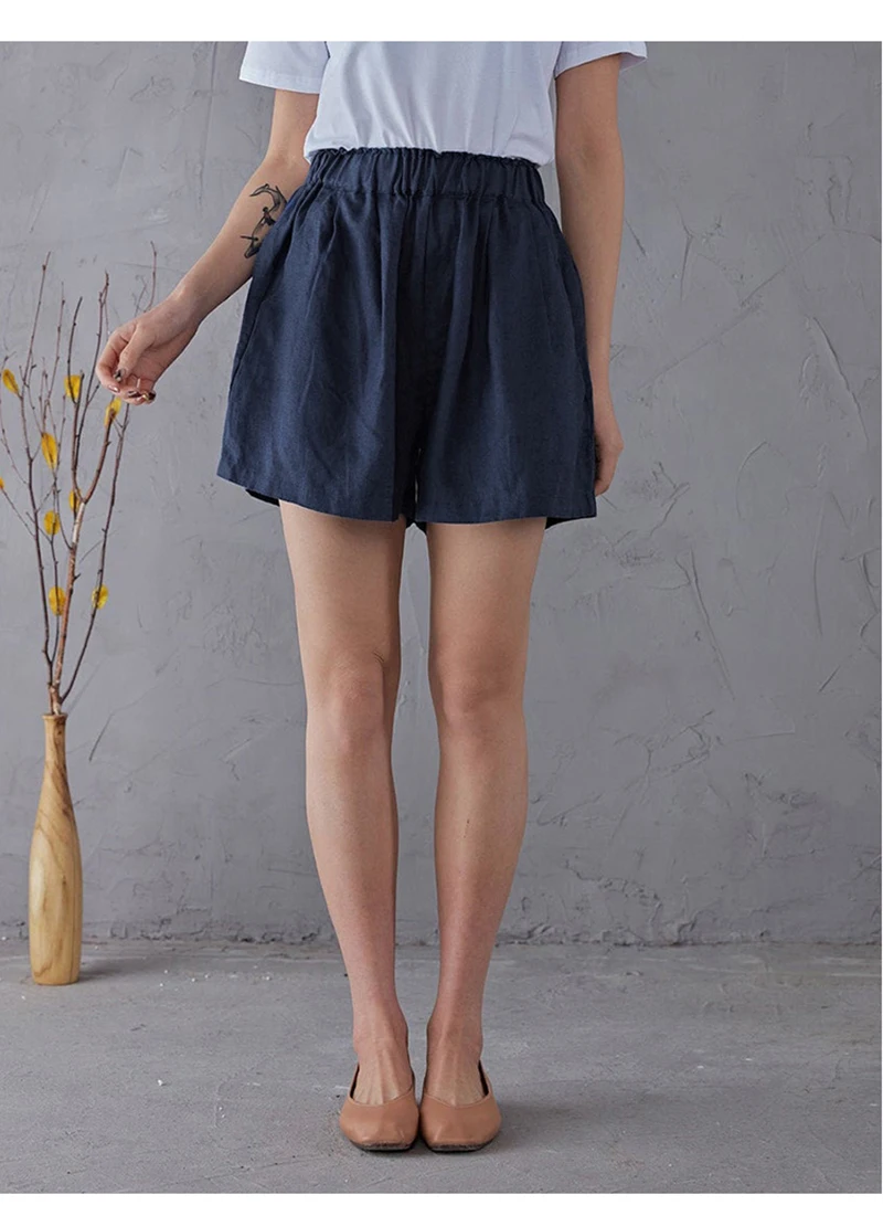 Women's High Waist Cotton Linen Shorts 2025 Casual Summer Solid Elastic Harajuku Blue Streetwear Calças Femininas