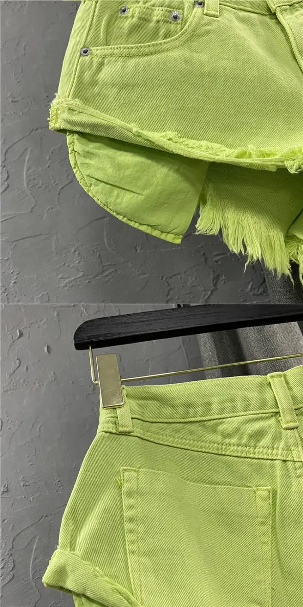 New Summer Fashion Personality Fruit Green Jeans Mujer Denim Shorts Women Sexy Low-rise Wide-leg A-shaped Shorts