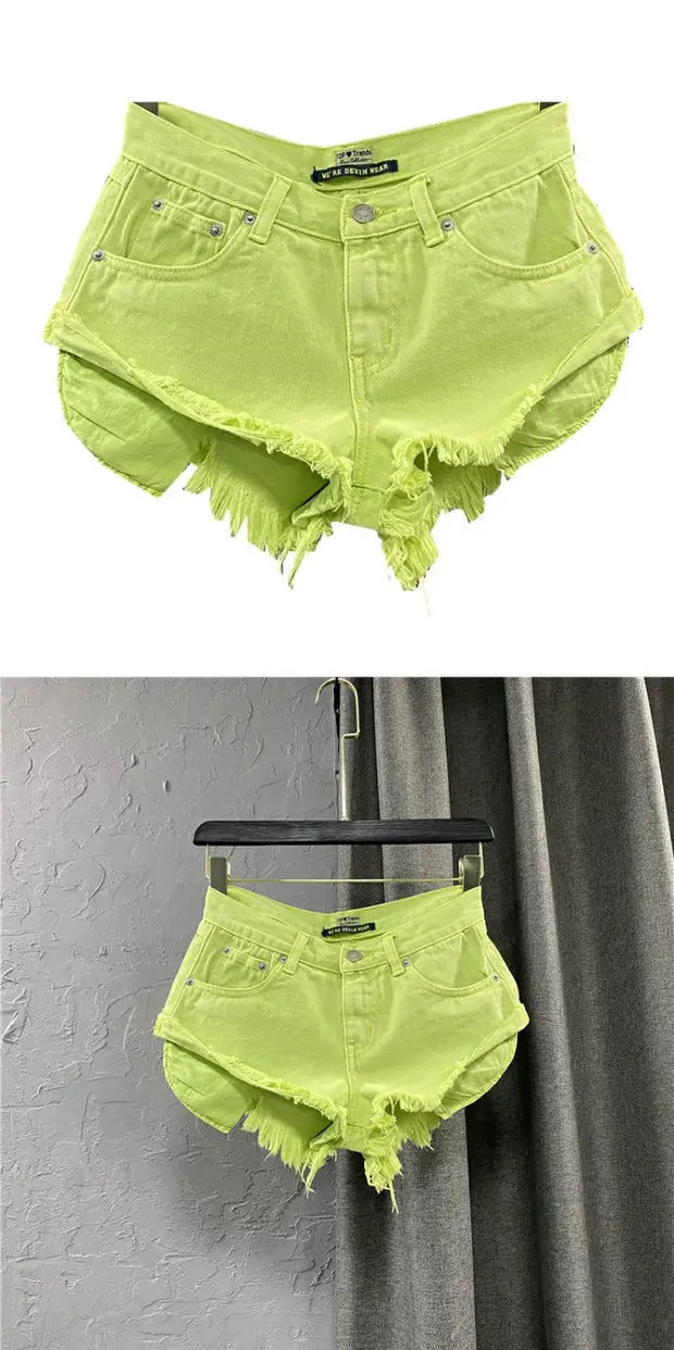 New Summer Fashion Personality Fruit Green Jeans Mujer Denim Shorts Women Sexy Low-rise Wide-leg A-shaped Shorts