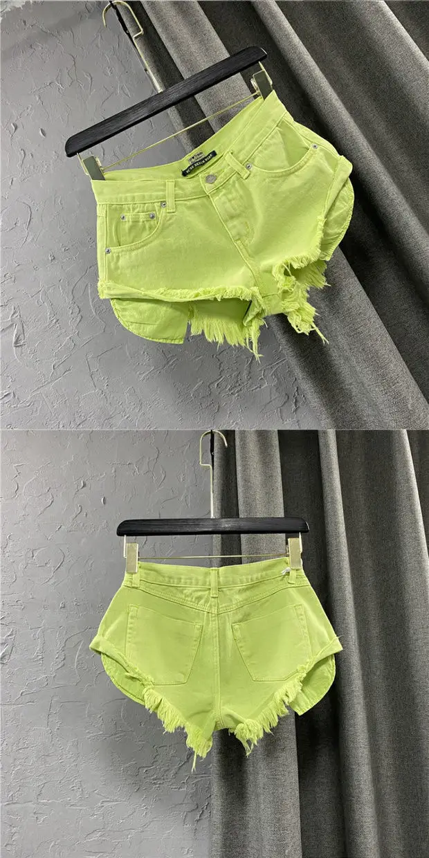 New Summer Fashion Personality Fruit Green Jeans Mujer Denim Shorts Women Sexy Low-rise Wide-leg A-shaped Shorts