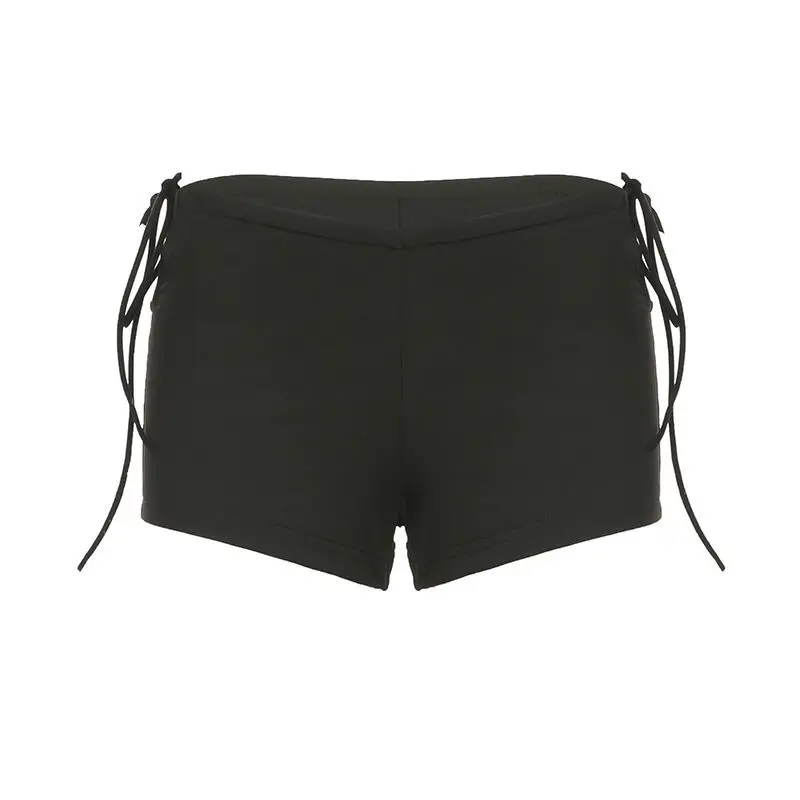 Y2k Hollow Lace Up Low Waist Elastic Mini Straight Tight Orts Shorts Sexy Women Retro Trendy Summer Party Outfit Spice Girl Styl