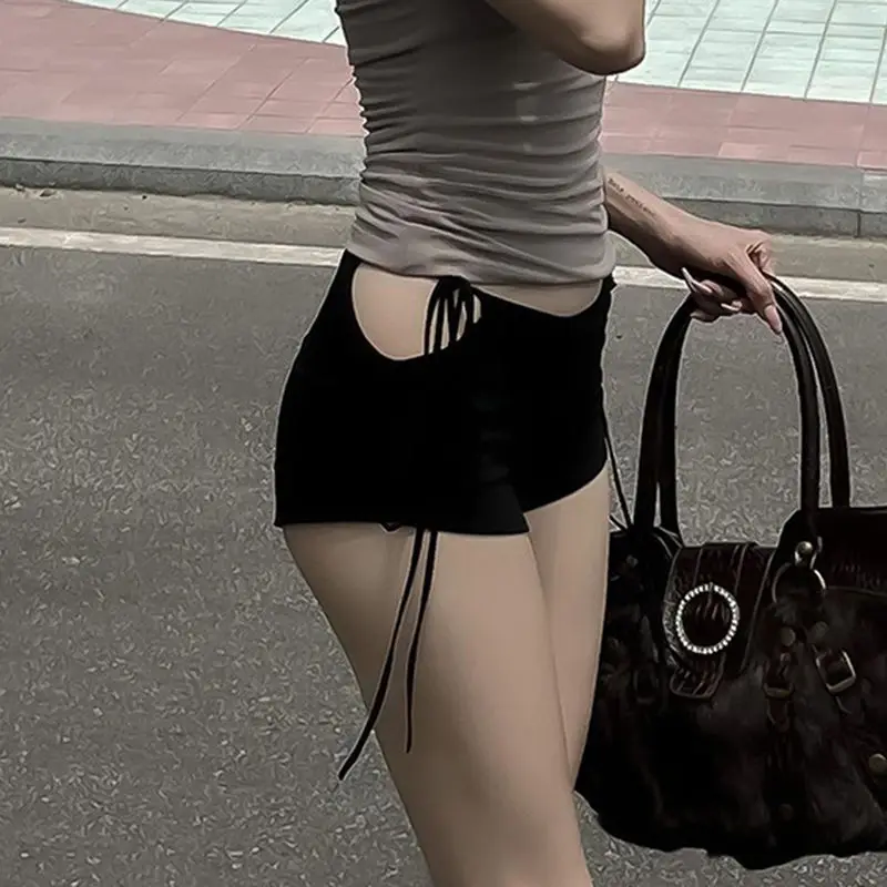 Y2k Hollow Lace Up Low Waist Elastic Mini Straight Tight Orts Shorts Sexy Women Retro Trendy Summer Party Outfit Spice Girl Styl
