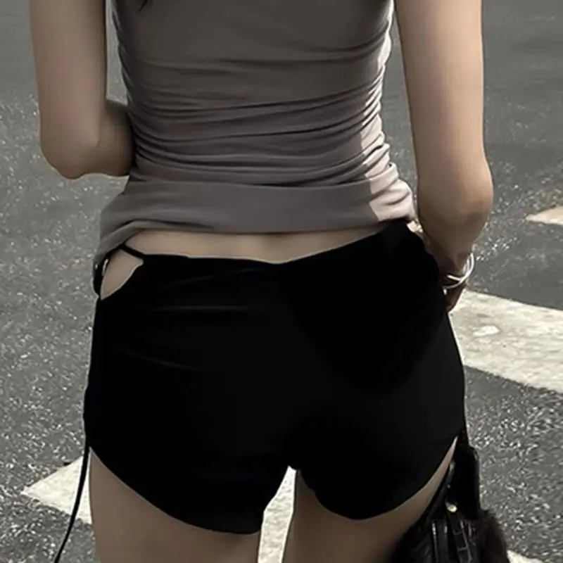 Y2k Hollow Lace Up Low Waist Elastic Mini Straight Tight Orts Shorts Sexy Women Retro Trendy Summer Party Outfit Spice Girl Styl